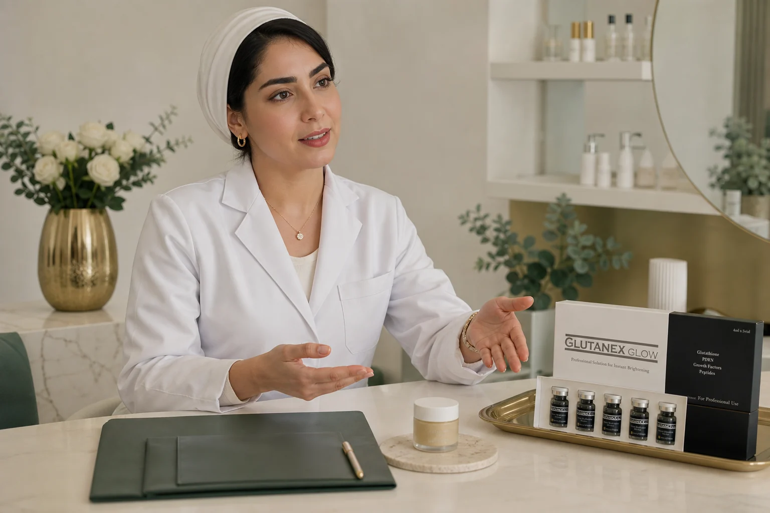 کارشناس زیبایی ایرانی کنار محصول حرفه‌ای گلوتانکس گلو در فضای مشاوره