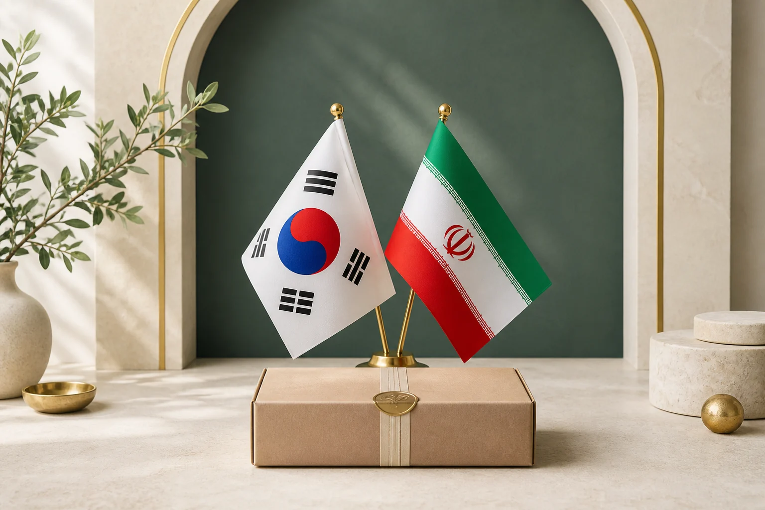 پرچم کره جنوبی و ایران کنار یک بسته محصول در مسیر همکاری
