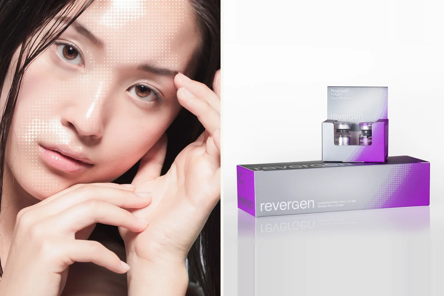 تصویر کمپین ریورژن در کنار جعبه ۵ستی و جعبه تکستی ریورژن NAD+ اسکین بوستر روی زمینه روشن